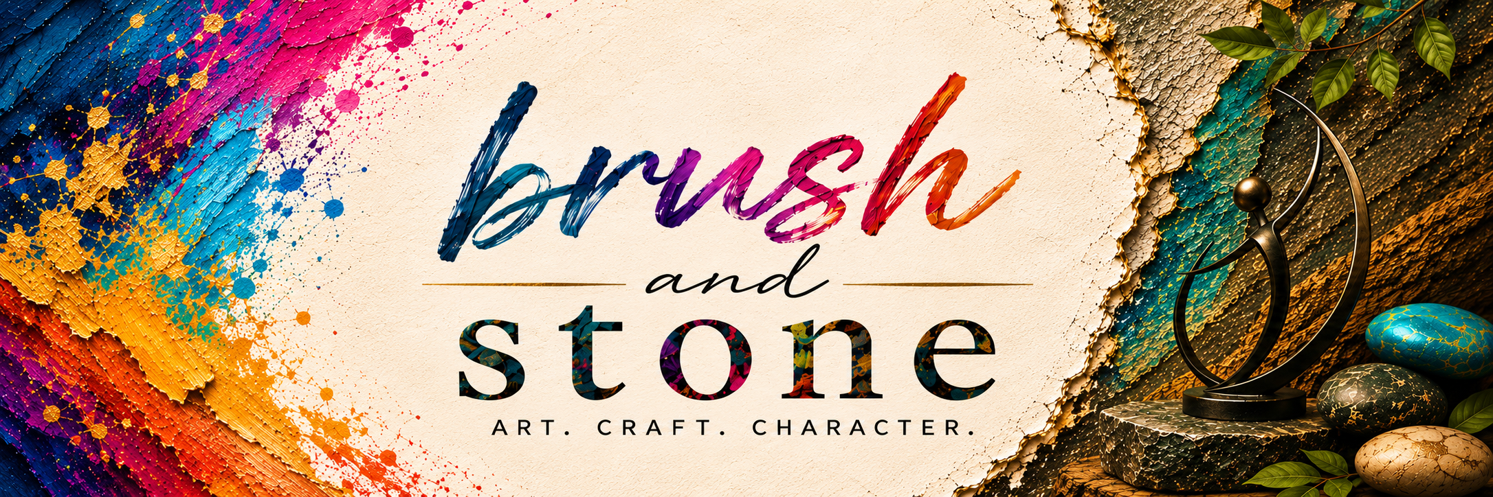 Brush and Stone logo, framed by colorful paint and handmade art.