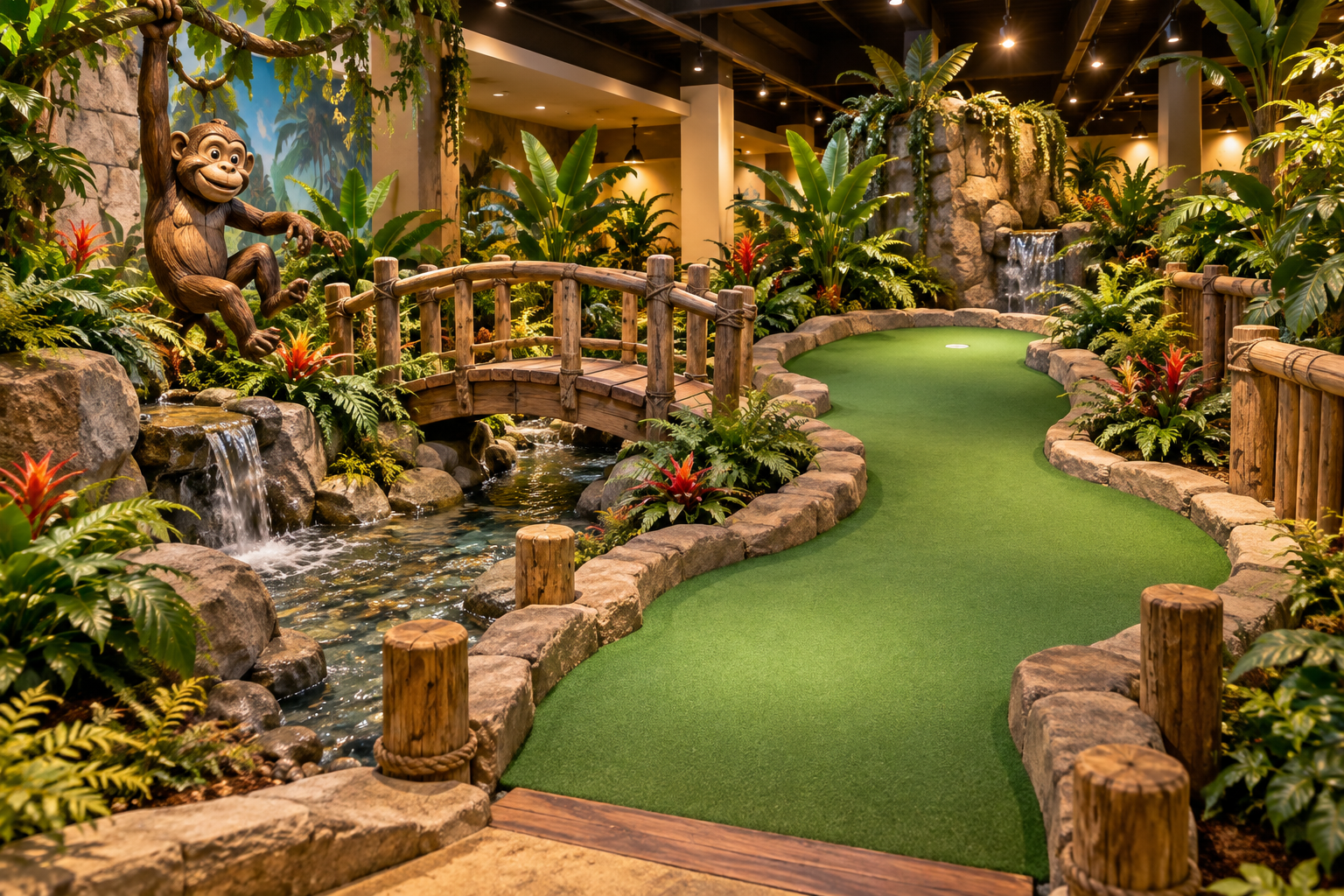 Imagined jungle-themed indoor mini golf hole