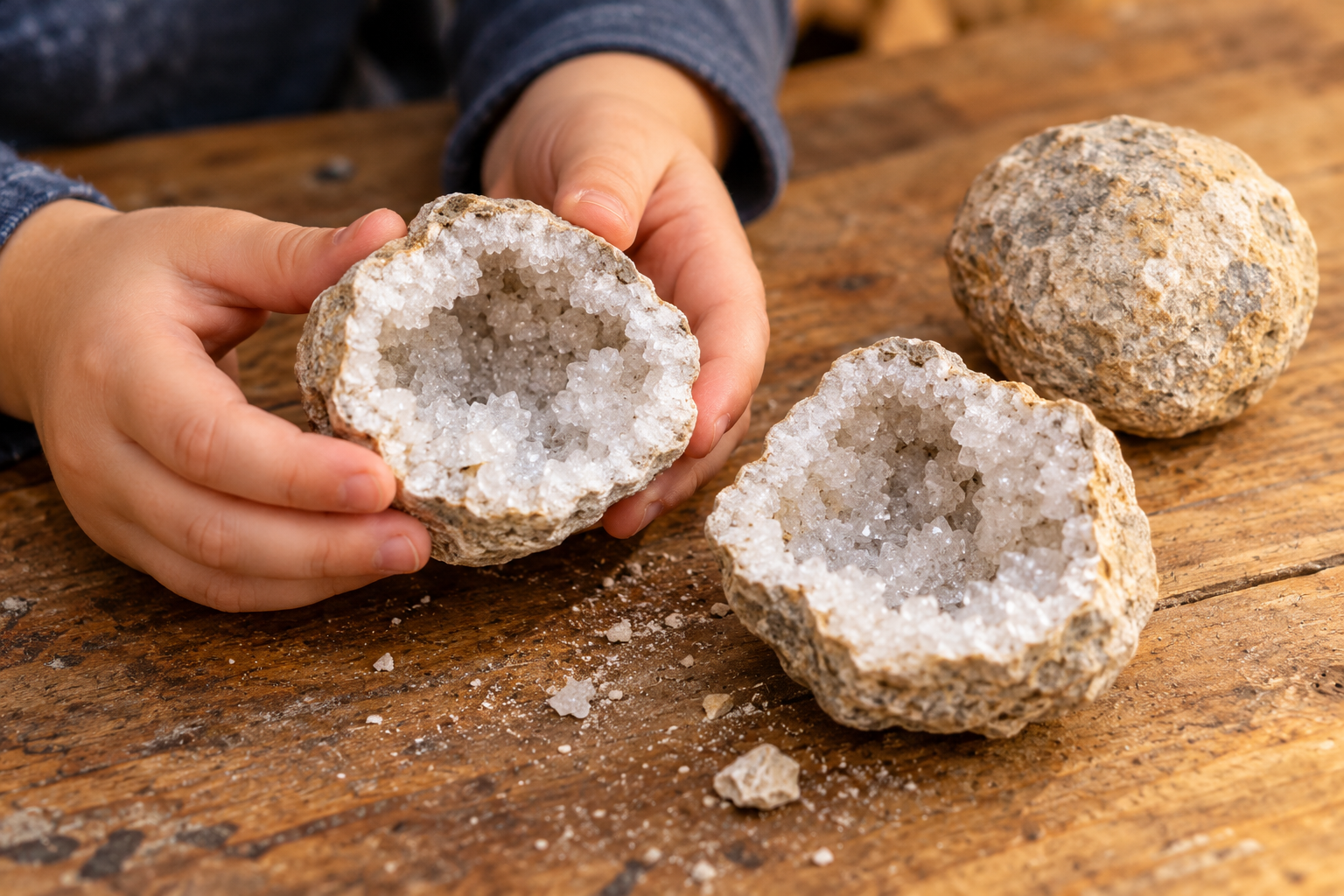 Illustrative photo of small cracked geodes with rough stone shells and sparkling white quartz crystals